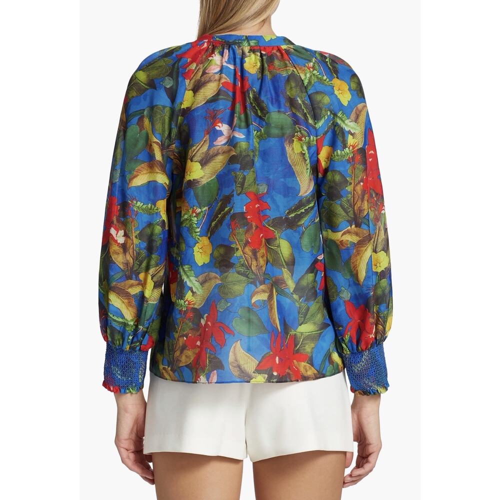 ALICE + OLIVIA Ladies Blue tropical Floral Smocked silk blend Blouse medium - Picture 5 of 13